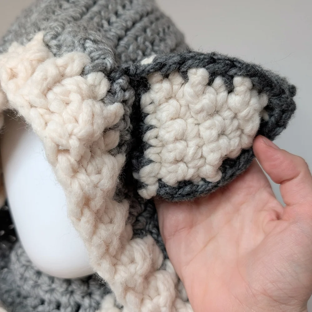 Handmade Crochet Gray & Cream Wolf Head Cowl Hood Scarf With Ears Beenie Hat